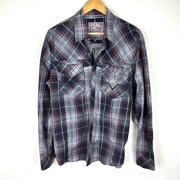 Affliction For Buckle‎ Burgundy Plaid Button Up Shirt Men’s XL - Picture 1 of 12